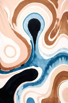 an abstract painting with blue, brown and white colors on it's surface is shown