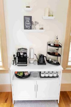 the coffee bar is organized and ready to be used