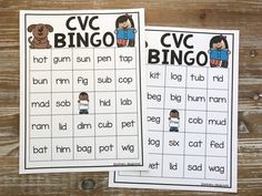 two cvc printables for the cvc bingo game on a wooden table