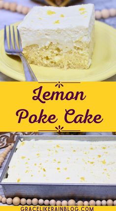 lemon poke cake with white frosting on a yellow plate next to a serving fork