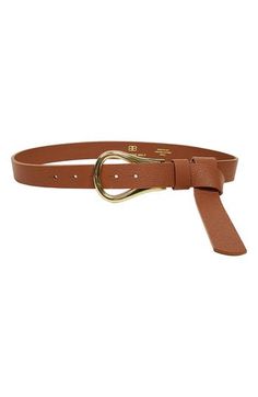 Featuring golden, sculptural hardware and a long leather strap designed to be knotted, this belt stands out as a versatile addition to any wardrobe. 1" belt width Leather Made in the USA of imported materials Adjustable Belt For Work, Adjustable Self Belt For Workwear, Modern Adjustable Brown Belt, Gold Leather Belt With Self Belt Detail, Modern Adjustable Belts With Belt Loops, Modern Adjustable Belt With Belt Loops, Adjustable Modern Belt With Belt Loops, Chic Adjustable Leather Belt, Gold Leather Belt Buckles