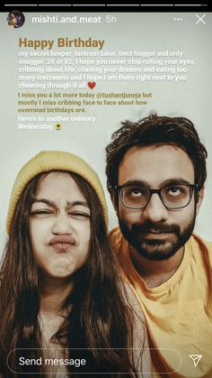 a man and woman are looking at the camera with happy birthday message in front of them