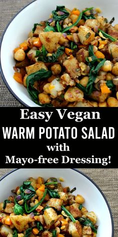 two plates filled with food and the words easy vegan warm potato salad