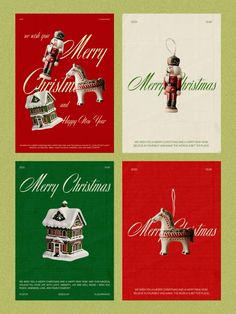 four christmas cards with the words merry christmas written in red, green and white on them