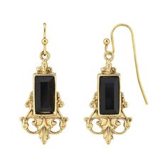 Unique gold tone earrings from 1928 featuring black multi faceted stones. A stylish accessory that is sure to be noticed with its European design and finely crafted detail work. Unique gold tone earrings from 1928 featuring black multi faceted stones. A stylish accessory that is sure to be noticed with its European design and finely crafted detail work. EARRING DETAILS Length: 1.4 in. Backings: fishhook Metal: alloy Plating: gold tone Finish: polished Stone: glass Size: One Size. Gender: female. Antique Black Dangle Jewelry, Black And Gold Jewelry, Black Antique Drop Earrings, Black Gold-plated Drop Earrings, Elegant Black Faceted Earrings, Onyx Drop Earrings With Black Enamel, Black Pendant Necklace, Hand Of The King, Black Drop Earrings