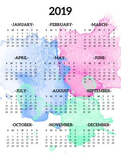 a calendar with watercolor paint on it and the date for each month in blue, pink