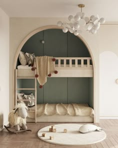 a room with bunk beds and a rocking horse in the corner, along with a rug on the floor