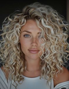 Hairstyles With Permed Hair, Naturally Curly Hair Blonde Balayage, Curly Perm Women, Curly Hair Color Ideas Blonde, Blonde Highlights On Curly Natural Hair, Highlighting Curly Hair, Natural Curly Hair With Blonde Highlights, Curly Hairstyles Blonde Natural Curls, Big Blonde Curly Hair