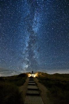 the night sky is filled with stars, and there are steps leading up to it