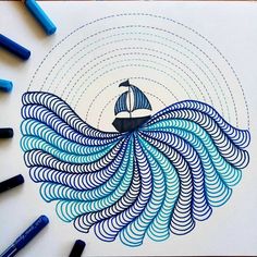 a drawing of a sailboat in the middle of a wave with blue crayons around it