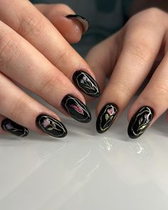 Dark Floral Nail Designs, Dark Floral Nails, Nail Design Floral, Acubi Nails, Isolated Chrome, Dark Nail Designs, Dark Florals, Witchy Nails, Goth Nails