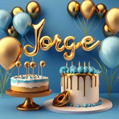 a birthday cake and balloons with the word jogge spelled out in gold letters