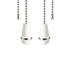 pair of white earrings with silver beads hanging from the end of each beaded chain