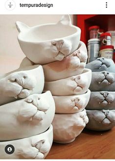 there are many cat bowls on the table