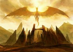 an artistic painting of a man with wings flying over mountains in the sky and sun behind him