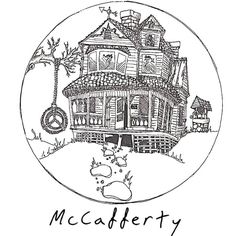 a black and white drawing of a house with the words mccfery on it