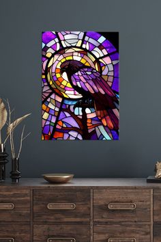 Illustration Of A Raven In Stained Glass Window Style.. Displate is a one-of-a-kind metal poster designed to capture your unique passions. Sturdy, magnet mounted, and durable – not to mention easy on the eyes! Window Styles, Glass Style, Stained Glass Window, Wood Patterns, Stained Glass Windows, Black Wood, White Wood, Glass Window, Metal Posters Design