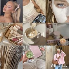 a collage of photos with different types of beauty products and woman's face