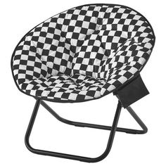 a black and white checkerboard chair on a stand with the seat folded down