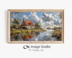 an oil painting of a house on the water with clouds in the sky above it