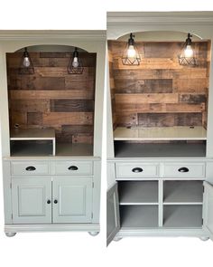 two white cabinets with lights on them and one is made out of wood planks