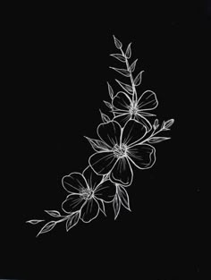 an ink drawing of flowers on a black background