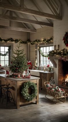 a rustic kitchen decorated for christmas with wreaths and garland on the windows sill