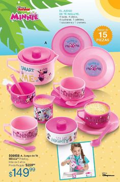 the flyer for minnie's kitchen set is shown with pink dishes and pans