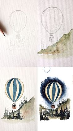 watercolor paintings of hot air balloons in the sky