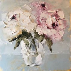 a painting of pink flowers in a white vase