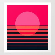 a pink and black sunset with stripes on it art print by pixellli design studio