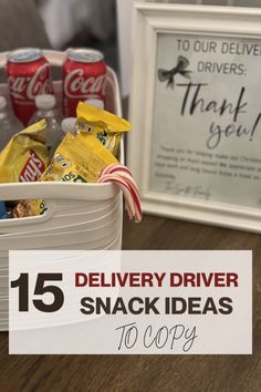 HEY EVERYONE! WE ARE SO EXCITED TO SHARE 15 BEST DELIVERY DRIVER SNACKS TO COPY FOR THIS BUSY PACKAGE SEASON! CHECK OUT SIMPLE AND EASY WAYS TO SHOW YOUR APPRECIATION FOR YOUR DELIVERY DRIVERS! WE SHARE 15 AWESOME IDEAS AS WELL AS PRINTABLES! WE HOPE YOU LOVE THIS POST!#SNACKS #PRINTABLE #STATION #CARTSIGN #SIGNFREE #BASKETPRINTABLE #BASKETCHRISTMAS #BASKETIDEAS #BASKETSIGNFREE #BASKETSIGN #SIGN #CART #BASKET Delivery Man Thank You Basket, Snack Ideas For Delivery Drivers, Delivery Treat Basket, Snack Basket For Delivery Drivers, Delivery Snack Basket, Ups Driver Gift Ideas, Snacks For Amazon Drivers, Treat Basket For Delivery People, Gift Ideas For Delivery Drivers