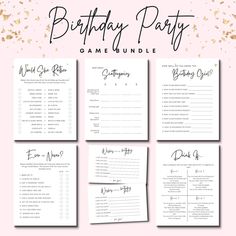 the birthday party game bundle is shown with gold confetti and black ink on white paper