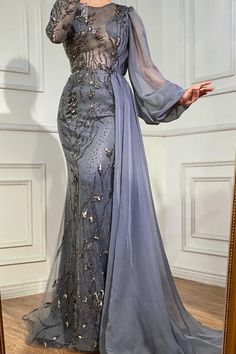 Elegant Gray: 2024 Mermaid Evening Gown with Overskirt and Luxury – Larosabride Long Sleeve Prom Dress Mermaid, Gown With Overskirt, Gray Evening Gown, Formal Long Dresses, Prom Dress 2022, Evening Gowns Dresses, Grey Wedding Dress, Dresses Luxury, Mermaid Evening Gown