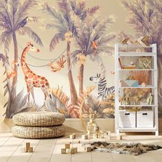 an animal themed wallpaper in a children's room