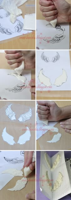 the process for making angel wings is being made from cardboard and then cut into smaller pieces