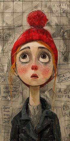 a painting of a girl with red hair wearing a beanie