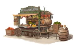 an old fashioned cart with fruit and vegetables on it's side, sitting next to barrels