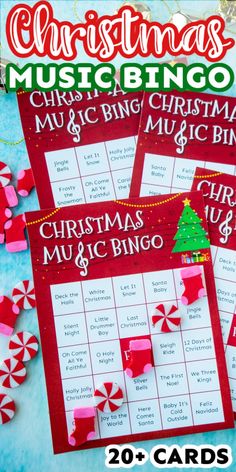 christmas music bingo game for kids to play on the table with candy canes and candies