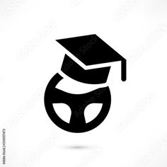 a black and white graduation cap on top of a steering wheel logo for a car