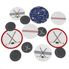 hockey pucks and crossed sticks are arranged in circles