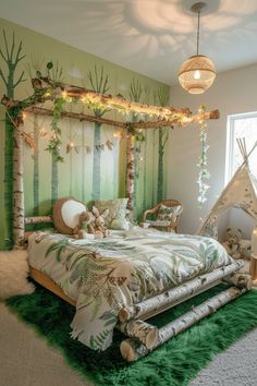 a bedroom decorated in green and white with a canopy bed, teddy bear on the pillow