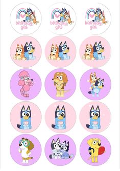 cartoon character stickers with the names of different characters and colors, including pink, blue,