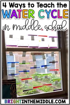 a window with the words water cycle in middle school written on it, and an image of