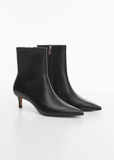 Leather boots with kitten heels - Women | Mango USA Ankle Cuff Heels, Fall Aesthetic Outfit, Kitten Heel Boots, Socks And Heels, Pointed Heels, Elegant Shoes, Round Toe Heels, Leather Shoes Woman, Tweed Blazer