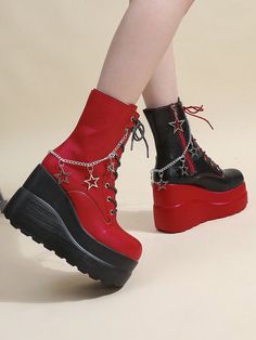 Step into style with these 2024 Autumn and Spring New Punk Style Starry Sky Ankle Boots. With a striking red and black design, these boots are perfect for any fashion-forward individual. Featuring a unique starry sky pattern, these boots will add a touch of edginess to any outfit. Closure Type : Side zipper, Lace-up Type : Combat Boots Color : Red Pattern Type : Colorblock Toe : Round Toe Heel Height : High Heel Heels : Wedges Boots Height Type : Ankle Boots Style : Punk Upper Material : PU Leather Lining Material : Mesh Insole Material : Mesh Outsole Material : PUR Red And Black Outfit, High Fashion Boots, Red And Black Shoes, Wedges Boots, Red And Black Outfits, Sky Pattern, Red Outfits, Colorful Outfit, Dr Shoes