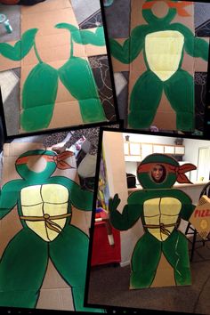 several pictures of a person in a turtle costume