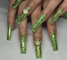 Green Junk Nails, Money Green Nails, Green Birthday Nails, Green Nail Set, Moss Nails, Boho Nails, Grunge Nails