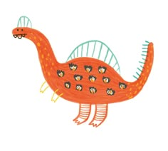 a drawing of a red dinosaur with lots of small black dots on it's chest