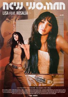 a woman with long hair standing in front of a poster